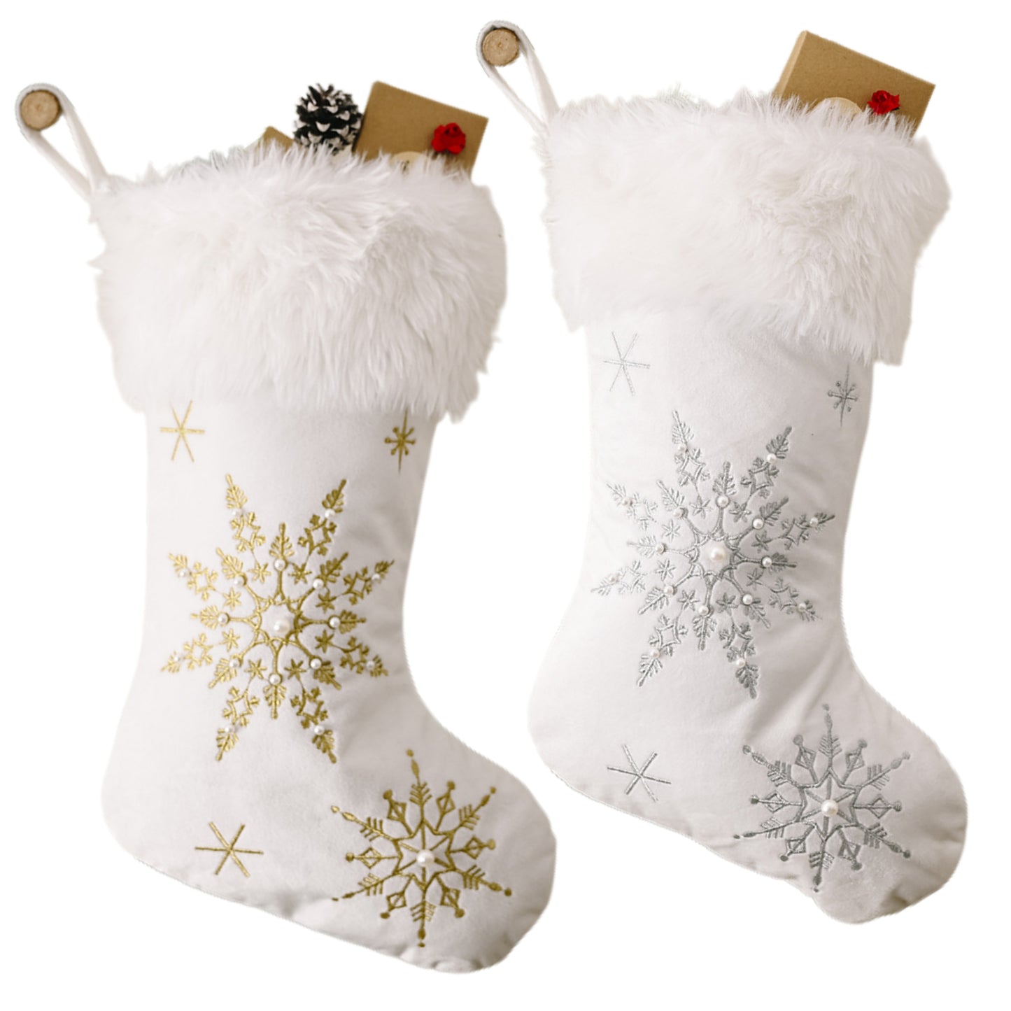 Faux Fur Embroidered Snowflake Beaded Holiday Christmas Stocking Festive Decor