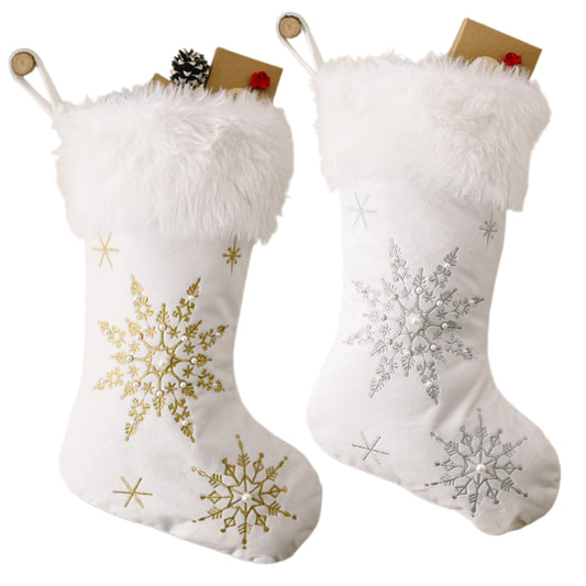 Faux Fur Embroidered Snowflake Beaded Holiday Christmas Stocking Festive Decor