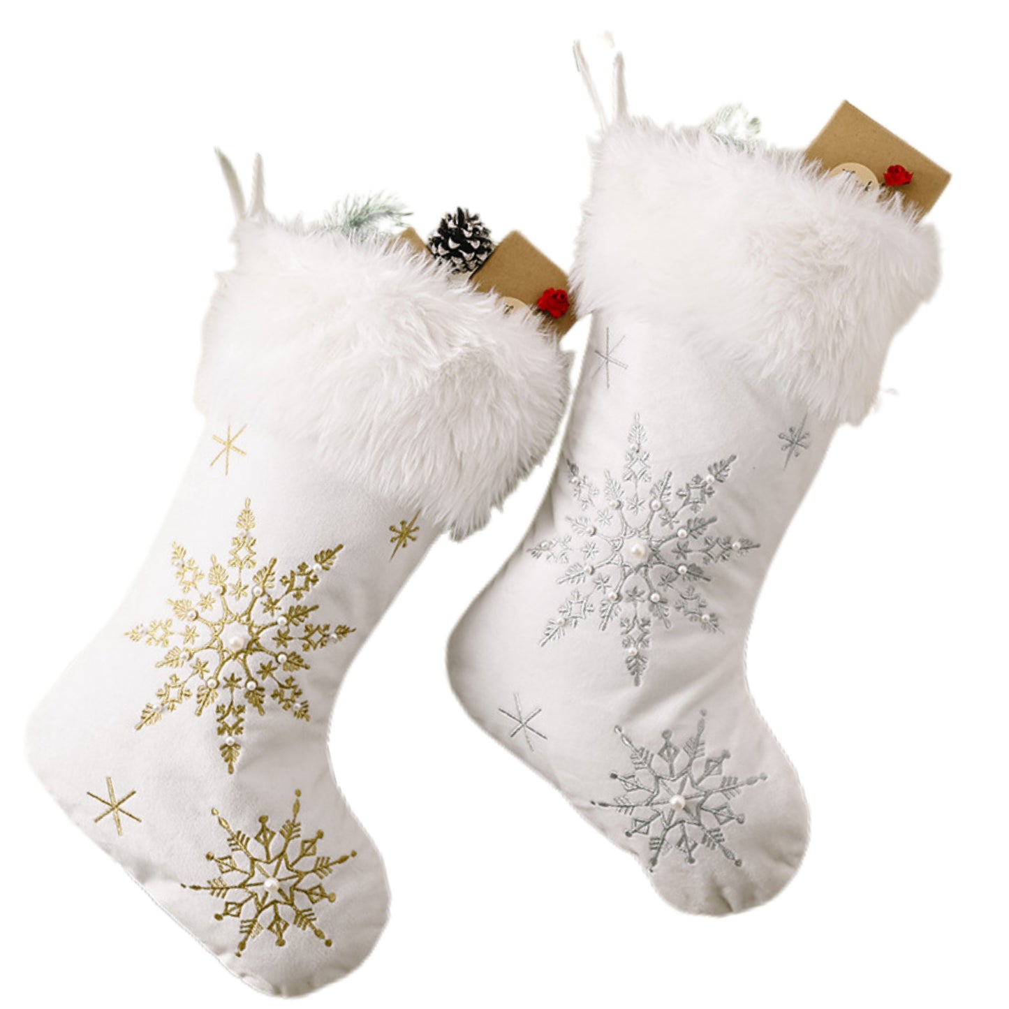 Faux Fur Embroidered Snowflake Beaded Holiday Christmas Stocking Festive Decor