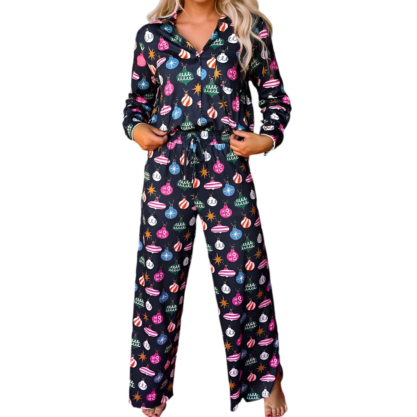 Pajama Set Holiday Ornament Button-Up Button Long-Sleeve Top Elastic Waist Pants