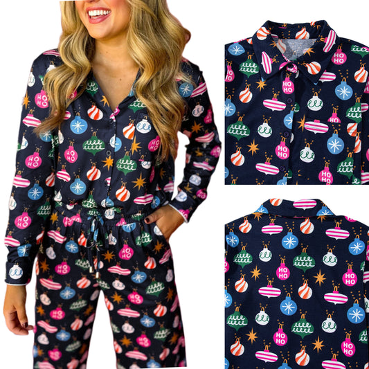 Pajama Set Holiday Ornament Button-Up Button Long-Sleeve Top Elastic Waist Pants