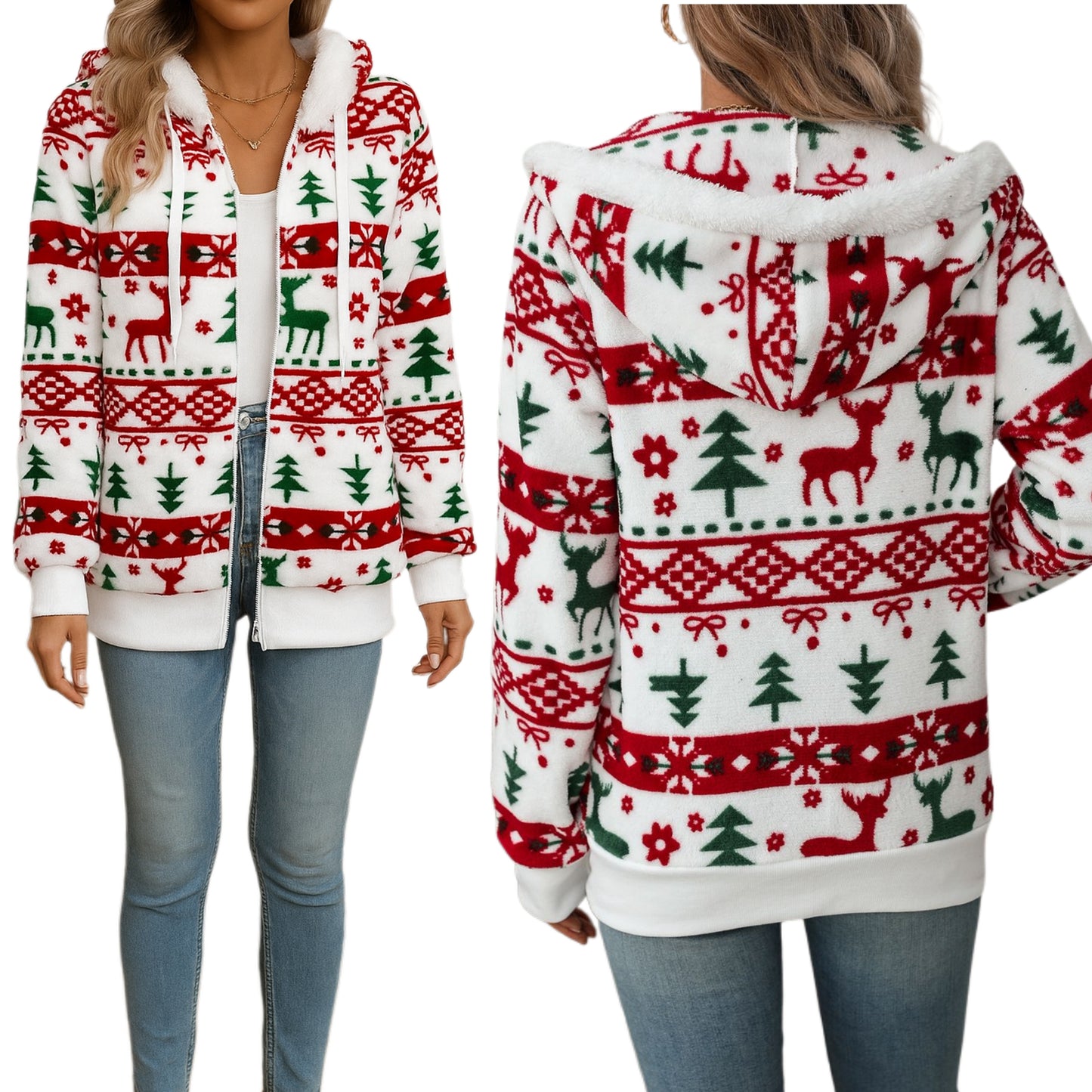 Fair Isle Snowflake Zip-Up Fleece Long Sleeve Drawstring Hoodie Pocket Jacket