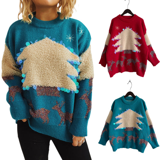 Oversized Sequin Shag Teddy Christmas Tree Reindeer Knit Long Sleeve Sweater Top