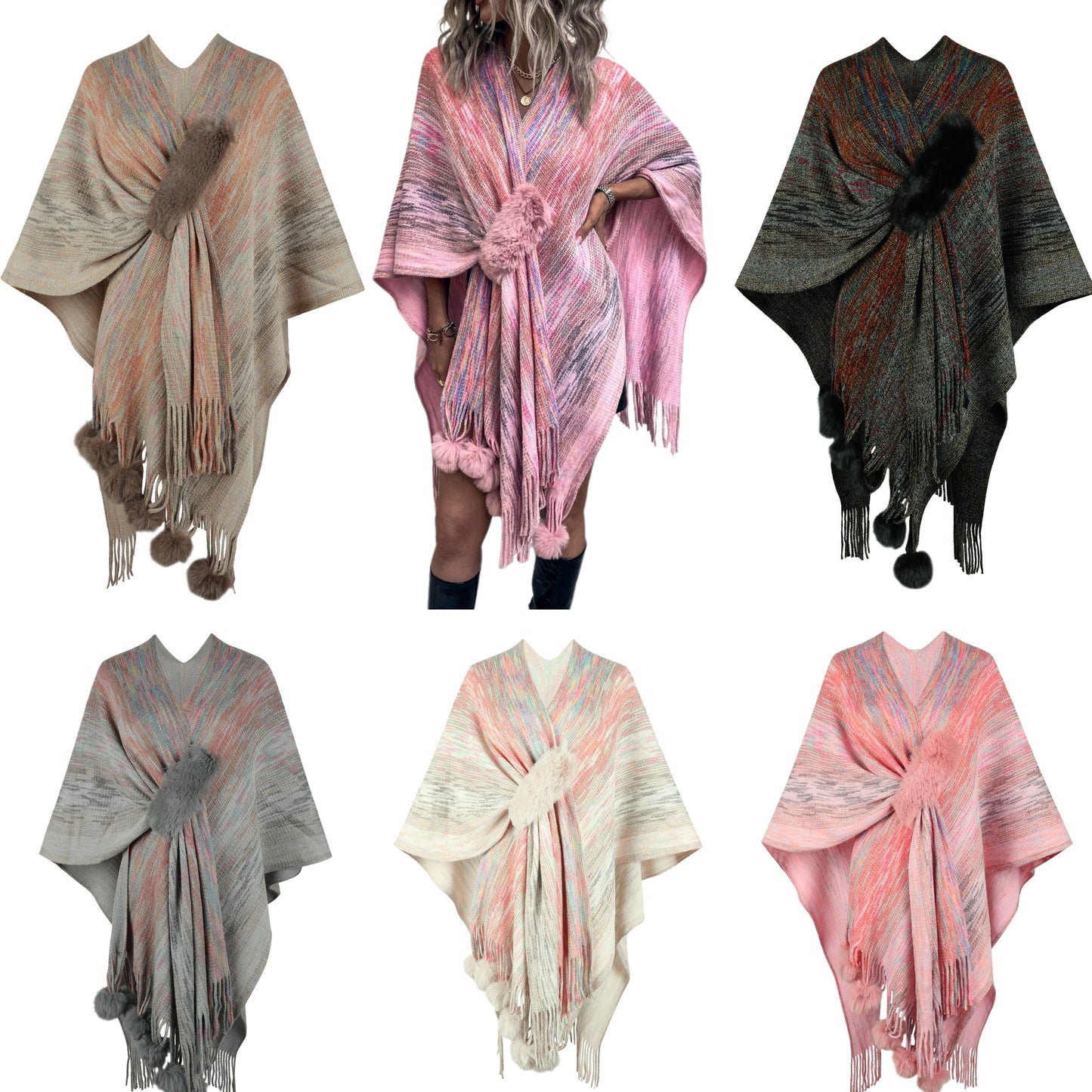 Faux Fur Pom-Pom Fringe Hem Poncho Sweater Wrap Colorful Knit Oversized Swawl Jacket