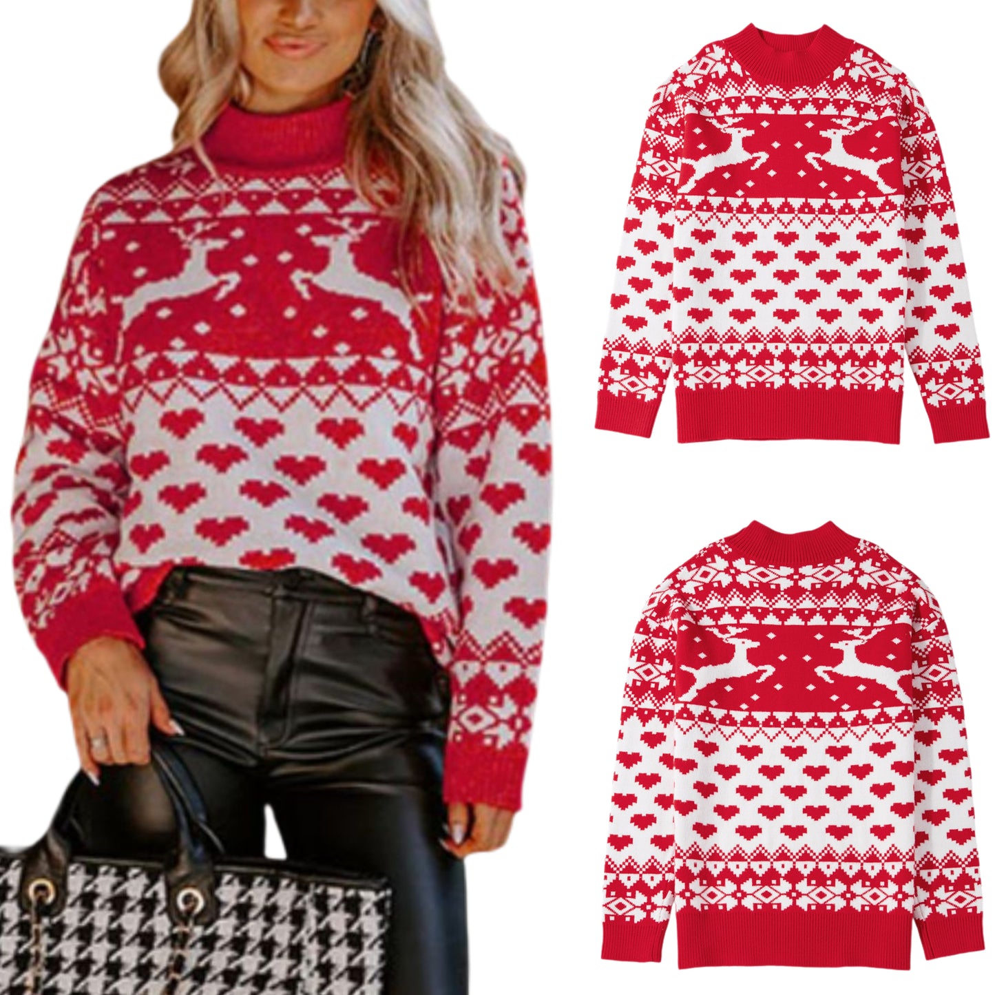 Reindeer Heart Fair Isle Knit Sweater Long Sleeve High Mock Neck Festive Winter Top