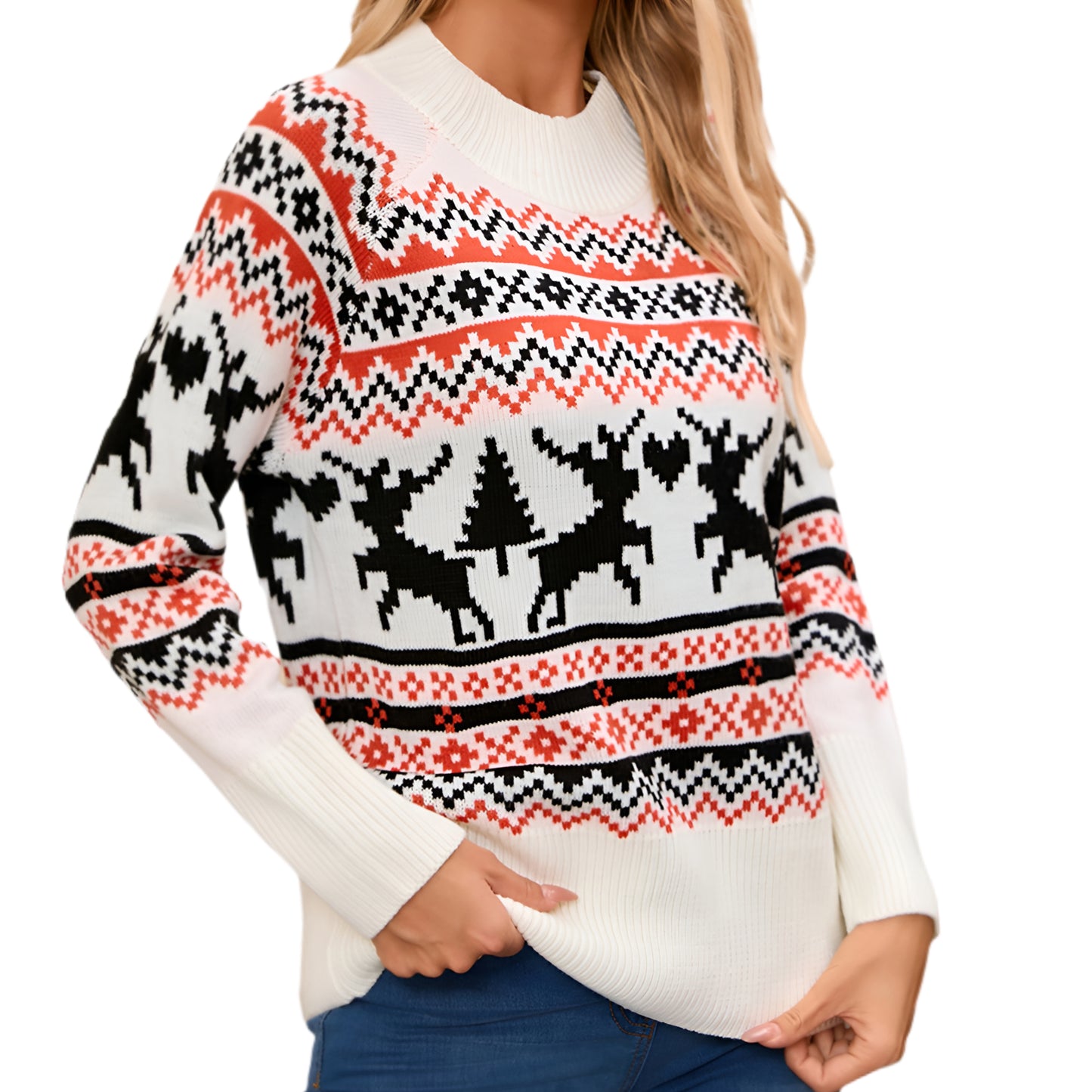 Reindeer Fair Isle Christmas Sweater Long-Sleeve Contrasting Holiday Heart Knit Top