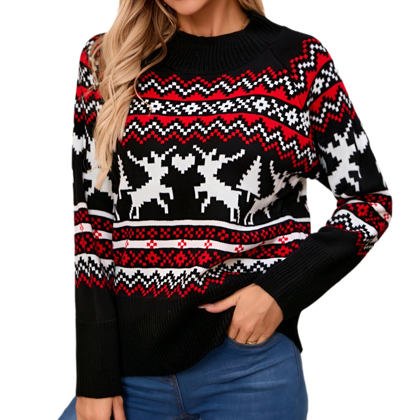 Reindeer Fair Isle Christmas Sweater Long-Sleeve Contrasting Holiday Heart Knit Top