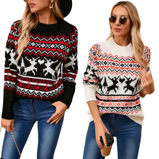 Reindeer Fair Isle Christmas Sweater Long-Sleeve Contrasting Holiday Heart Knit Top