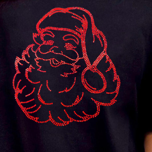 Sparkling Rhinestone Santa Graphic Shirt Short Sleeve Top Christmas Holiday Tee