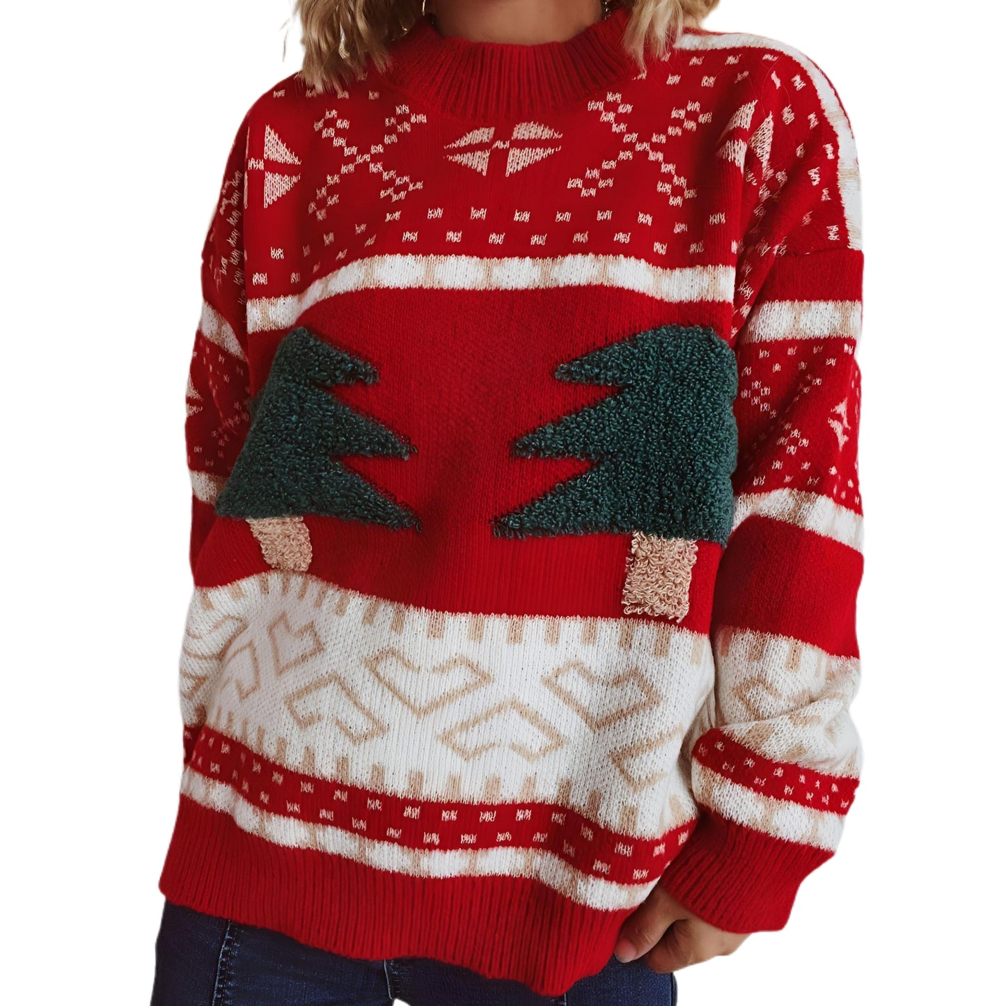 Fuzzy Shag 3D Textured Christmas Tree Sweater Long Sleeve Contrasting Holiday Top