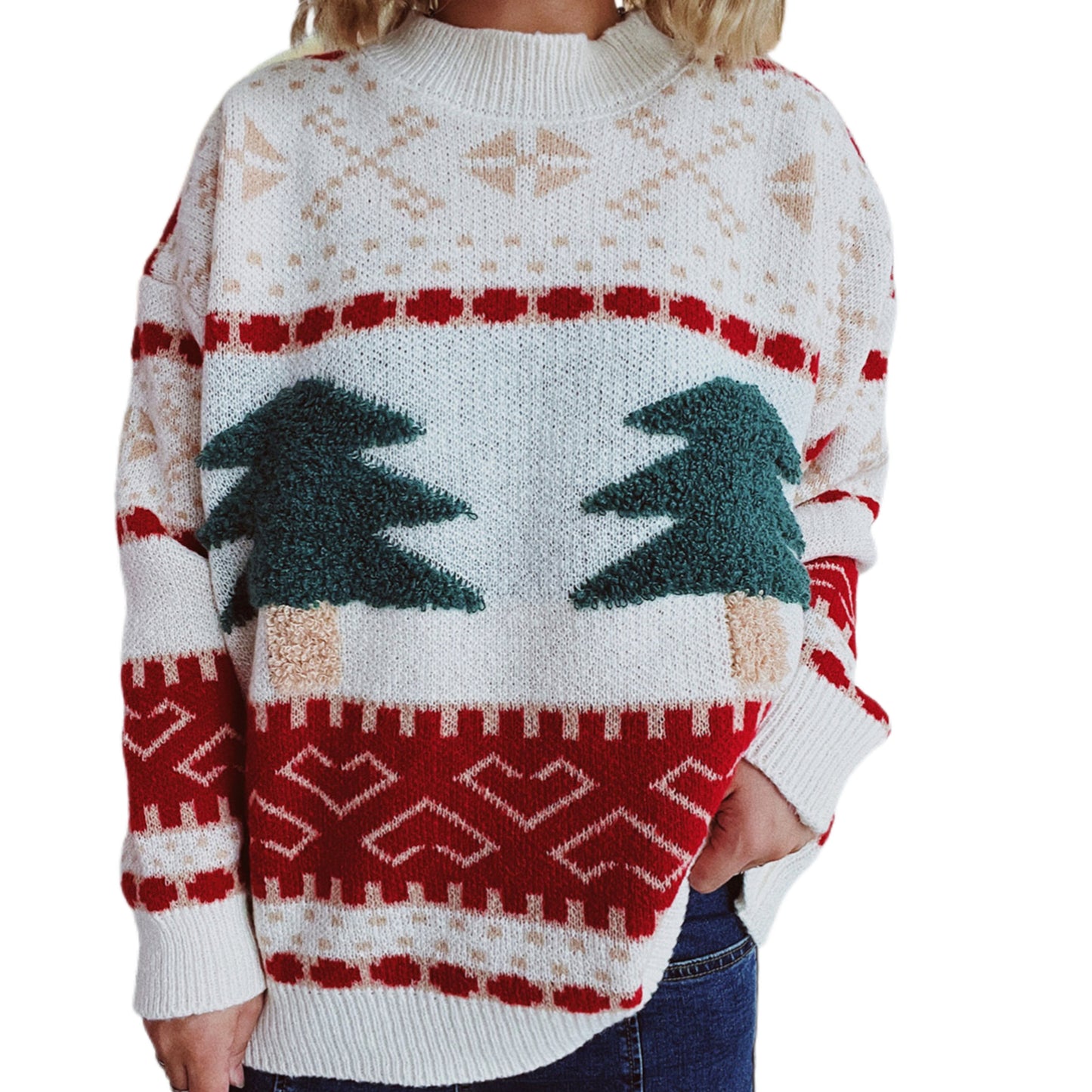 Fuzzy Shag 3D Textured Christmas Tree Sweater Long Sleeve Contrasting Holiday Top