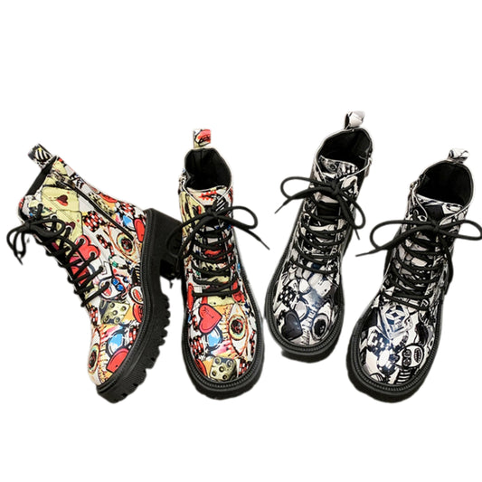 Graffiti Combat Boots Lace-up Streetwear Lug Chunky Utility Artists Retro Shoes