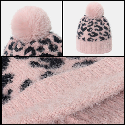Fuzzy Eyelash Knit Leopard Faux Rabbit Fur Pom-Pom Beanie Winter Skullcap Pull-on Hat Adult