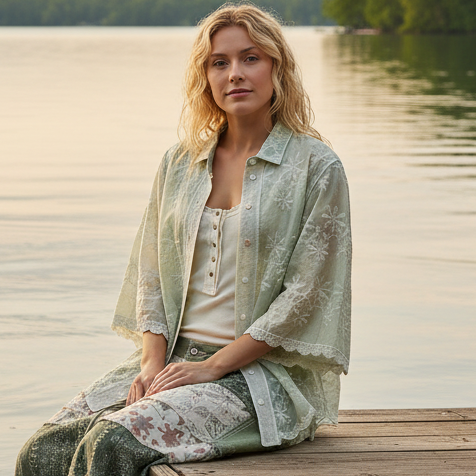 POL Embroidered Floral Collar Blouse Half Sleeve Button Down Shirt Lightweight Top Sage Green