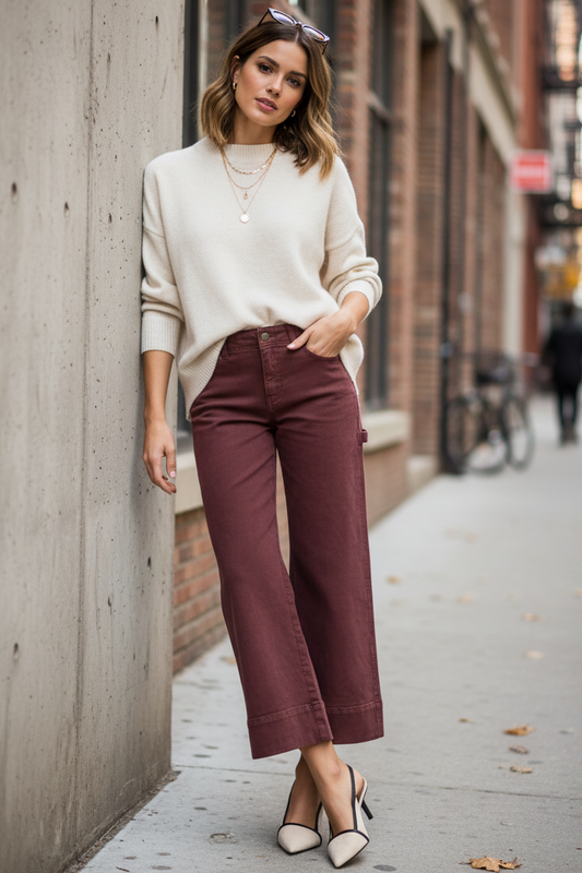 Risen Tummy Control High Rise Wide Leg Cropped Pants Relaxed Boyfriend Denim Pants Brown
