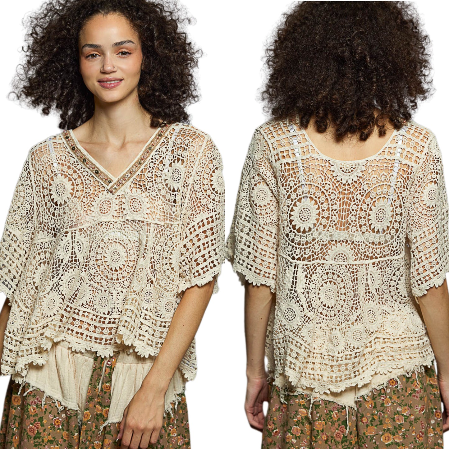 POL Beaded Contrasting V-Neck Top Openwork Granny Crochet Scalloped Hem Blouse Natural Cream