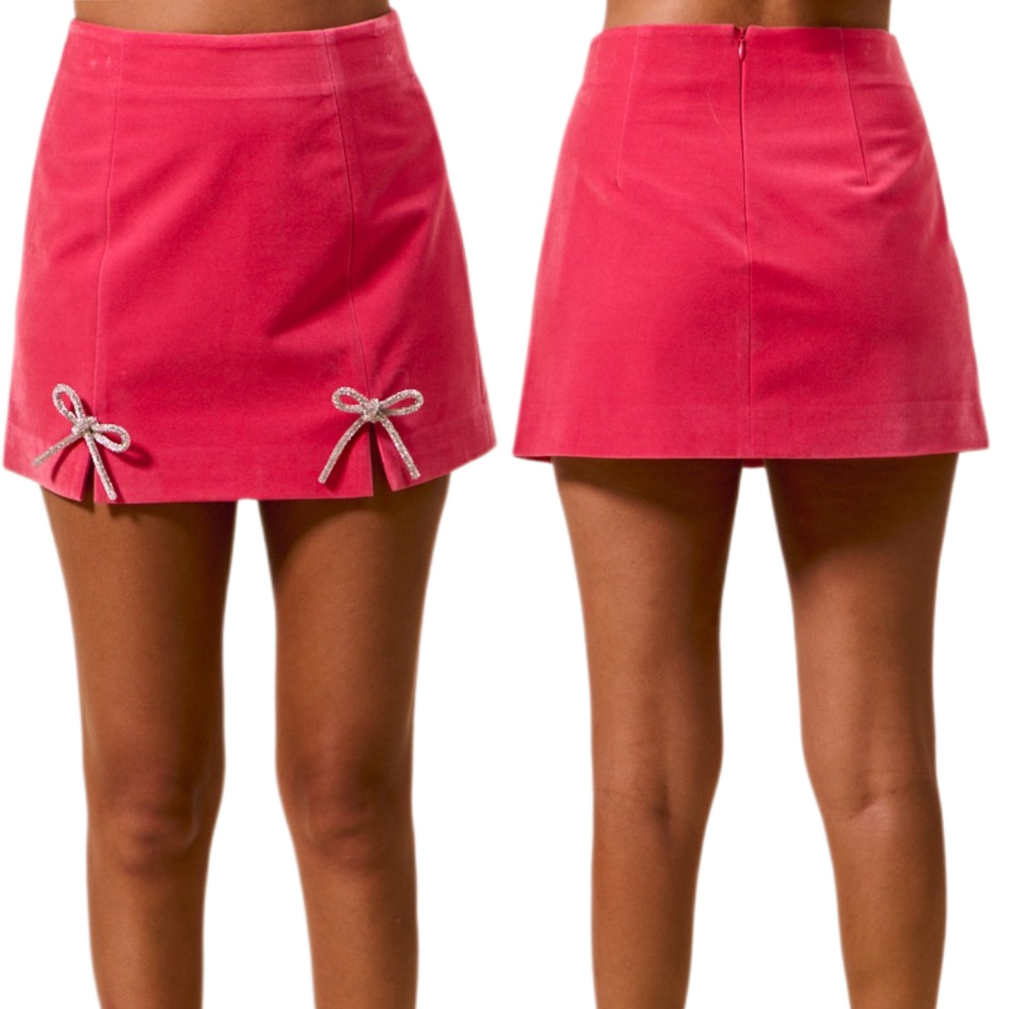 SO ME Velvety High-Rise Mini Skirt Sparkling Rhinestone Bow Ribbon Split Hem Pink