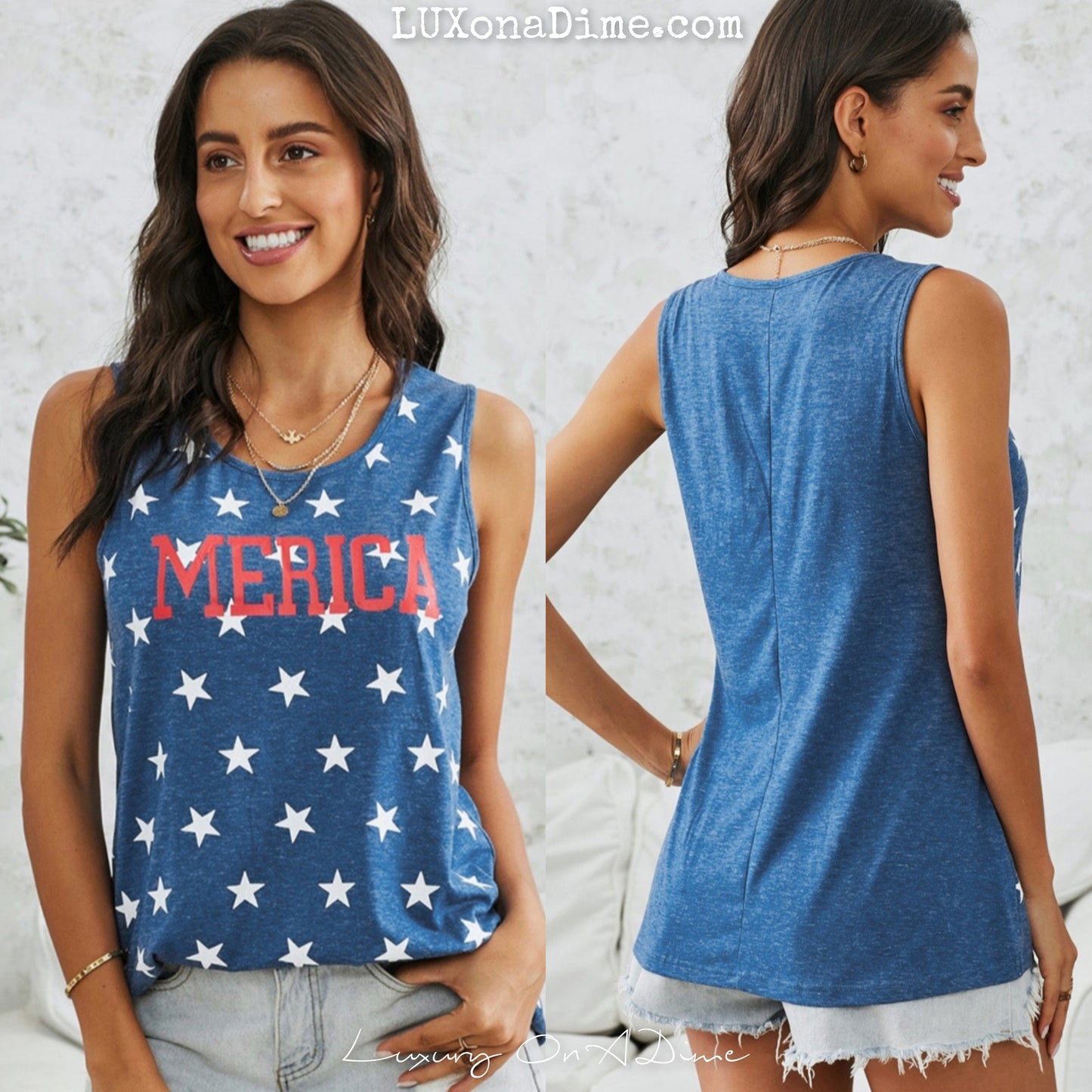MERICA Star Print American Round Neck Shirt Sleeveless Tank Top (Plus Size Available)