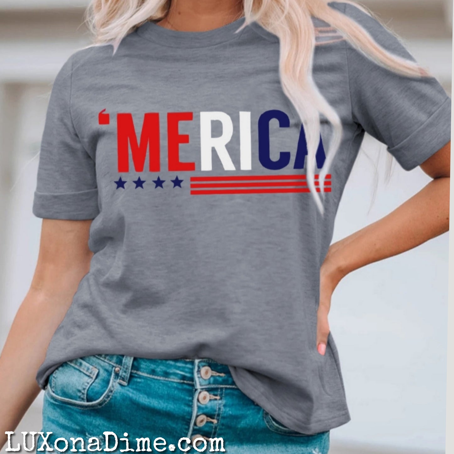 MERICA Letter Graphic American Crewneck Tee Shirt (Plus Size Available)