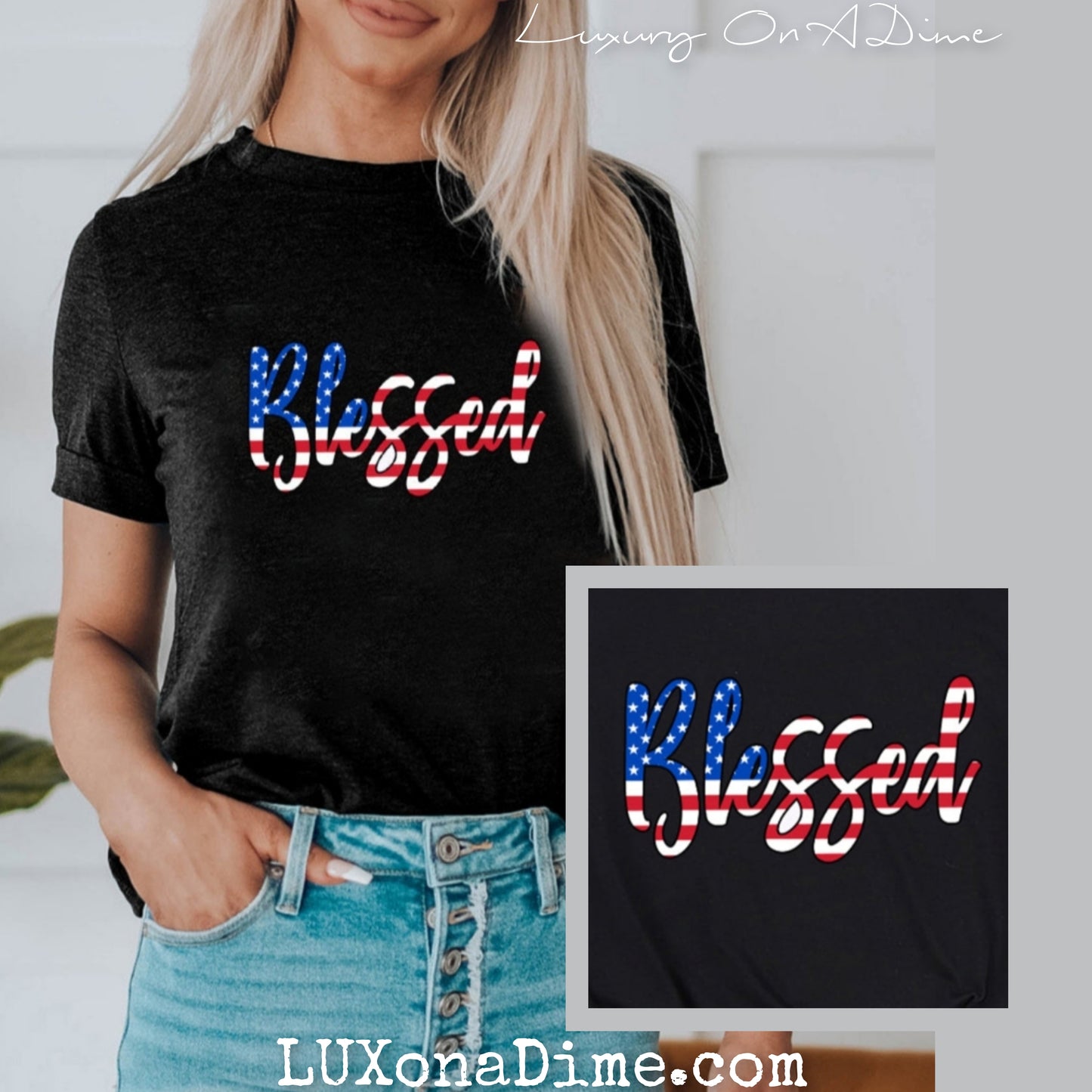 Blessed American Flag Graphic Top Classic Patriotic Cuffed Short Sleeve Shirt