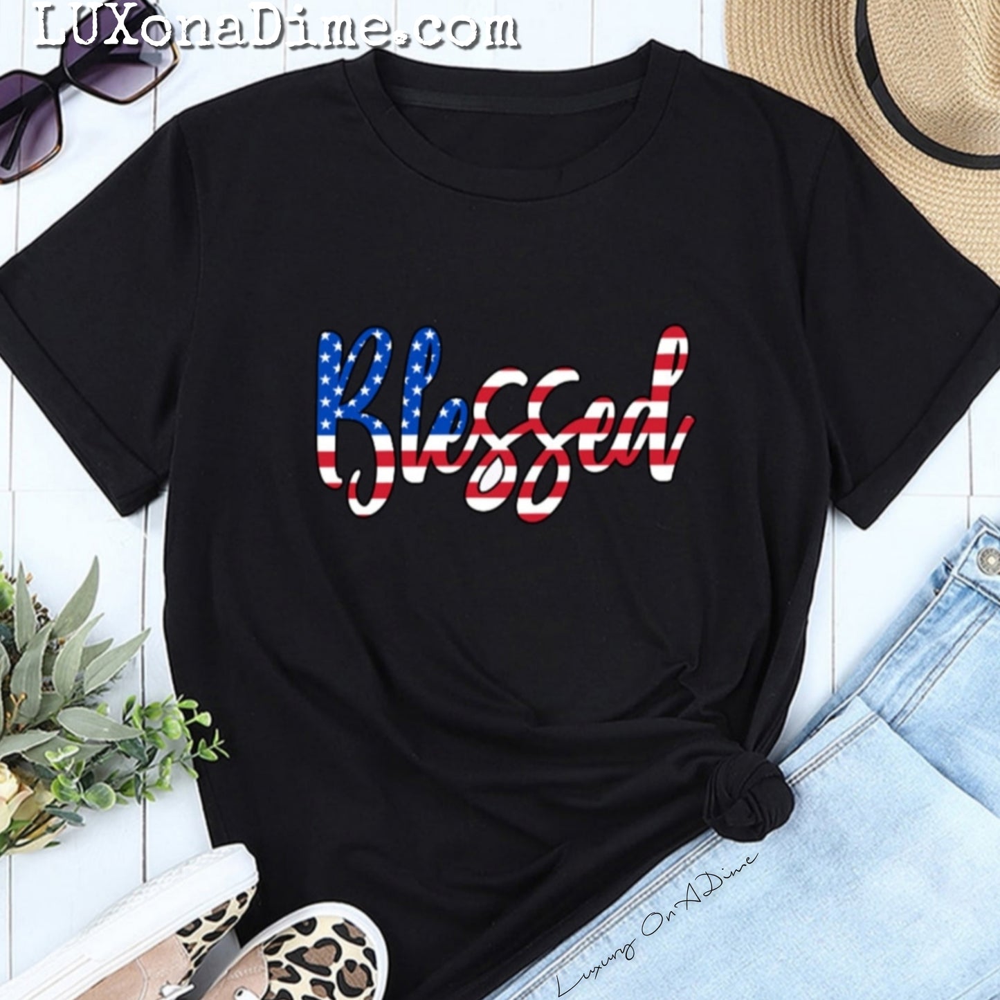 American BLESSED USA Flag Top Round Neck Shortsleeve Tee Shirt
