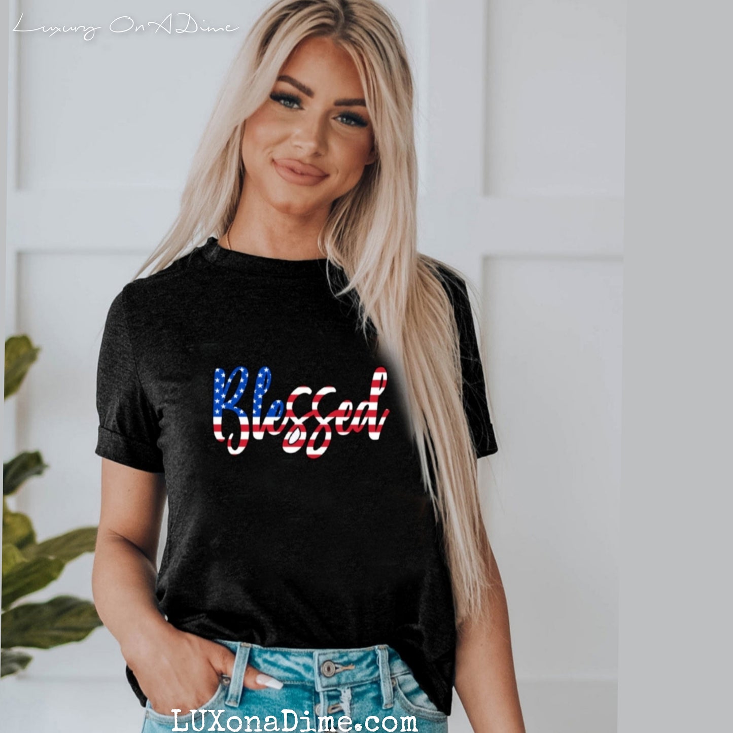 Blessed American Flag Graphic Top Classic Patriotic Cuffed Short Sleeve Shirt
