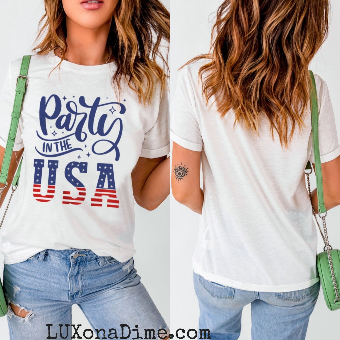 Woman's PARTY IN THE USA American Flag Graphic Cuffed Short Sleeve Tee Shirt (Plus Size Available)
