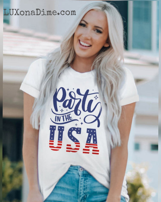 Woman's PARTY IN THE USA American Flag Graphic Cuffed Short Sleeve Tee Shirt (Plus Size Available)