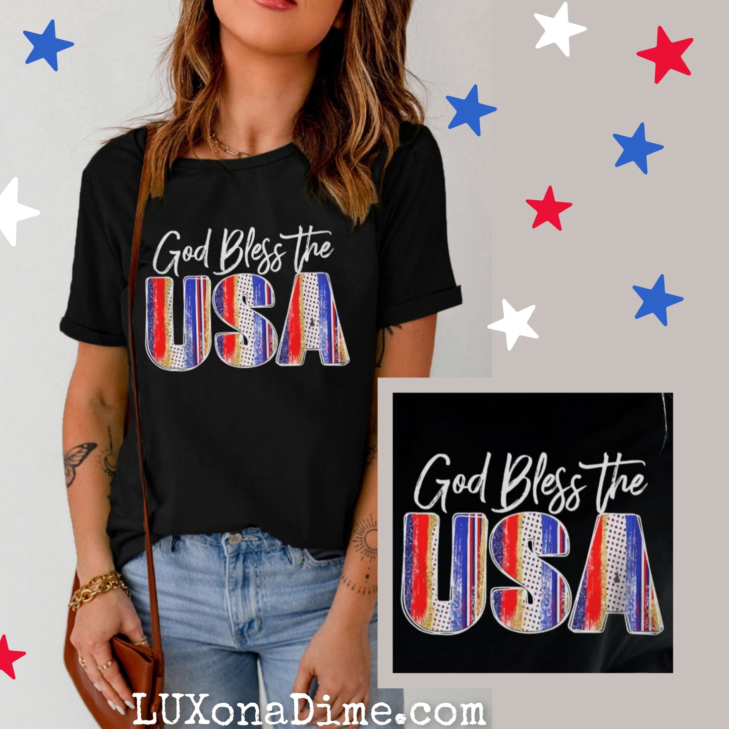 Americana GOD BLESS THE USA Graphic Top Cuffed Short Sleeve Tee Shirt (Plus Size Available)