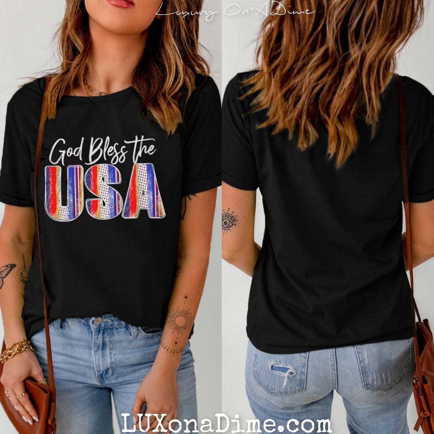 Americana GOD BLESS THE USA Graphic Top Cuffed Short Sleeve Tee Shirt (Plus Size Available)
