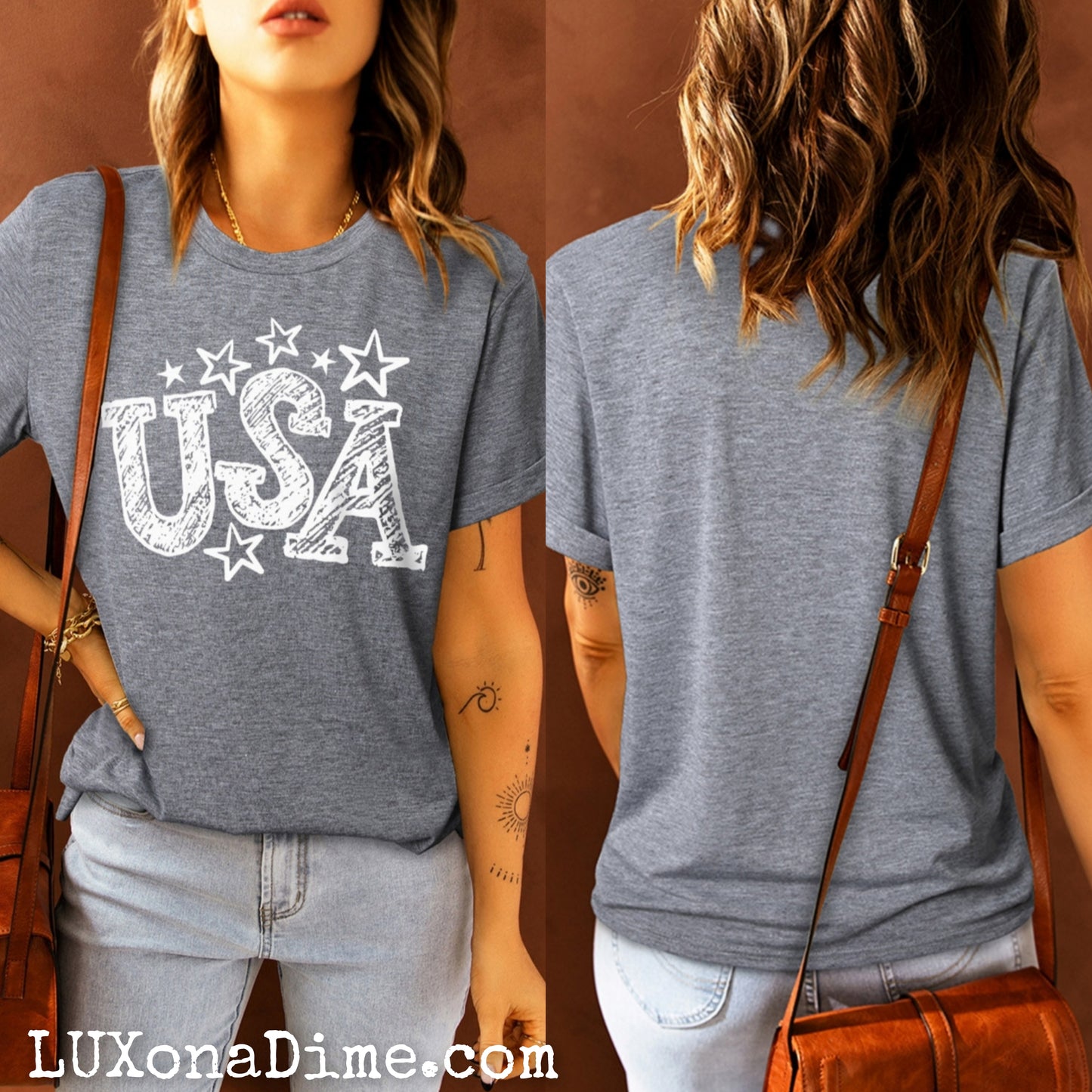 Chalkboard USA Drawn Star Graphic Top Cuffed Short Sleeve Tee Shirt (Plus Size Available)