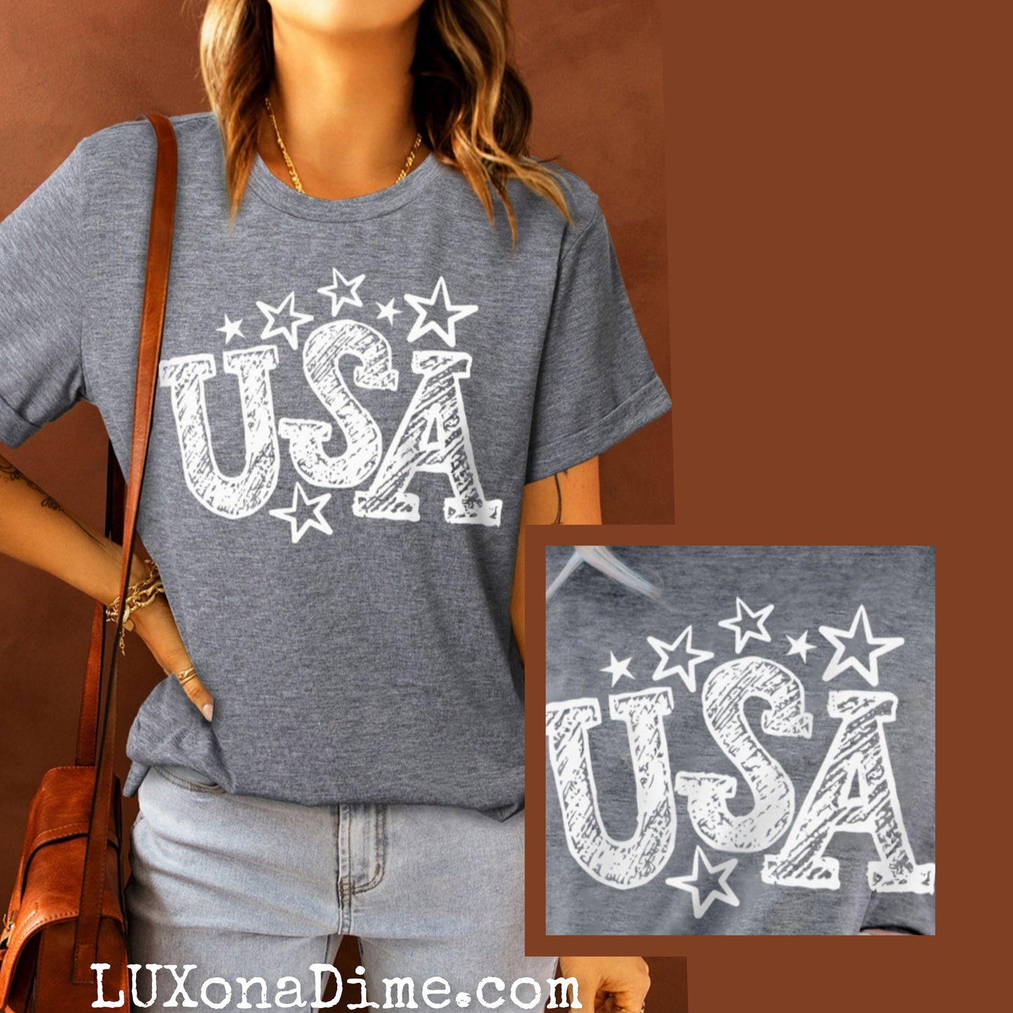 Chalkboard USA Drawn Star Graphic Top Cuffed Short Sleeve Tee Shirt (Plus Size Available)