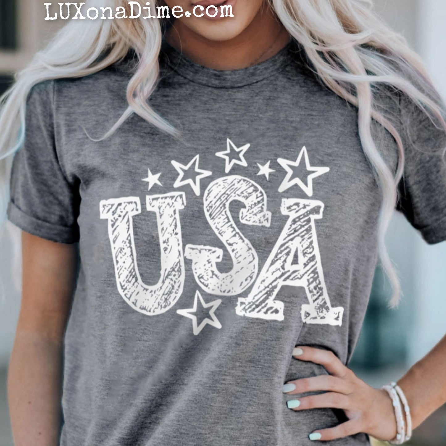 Chalkboard USA Drawn Star Graphic Top Cuffed Short Sleeve Tee Shirt (Plus Size Available)