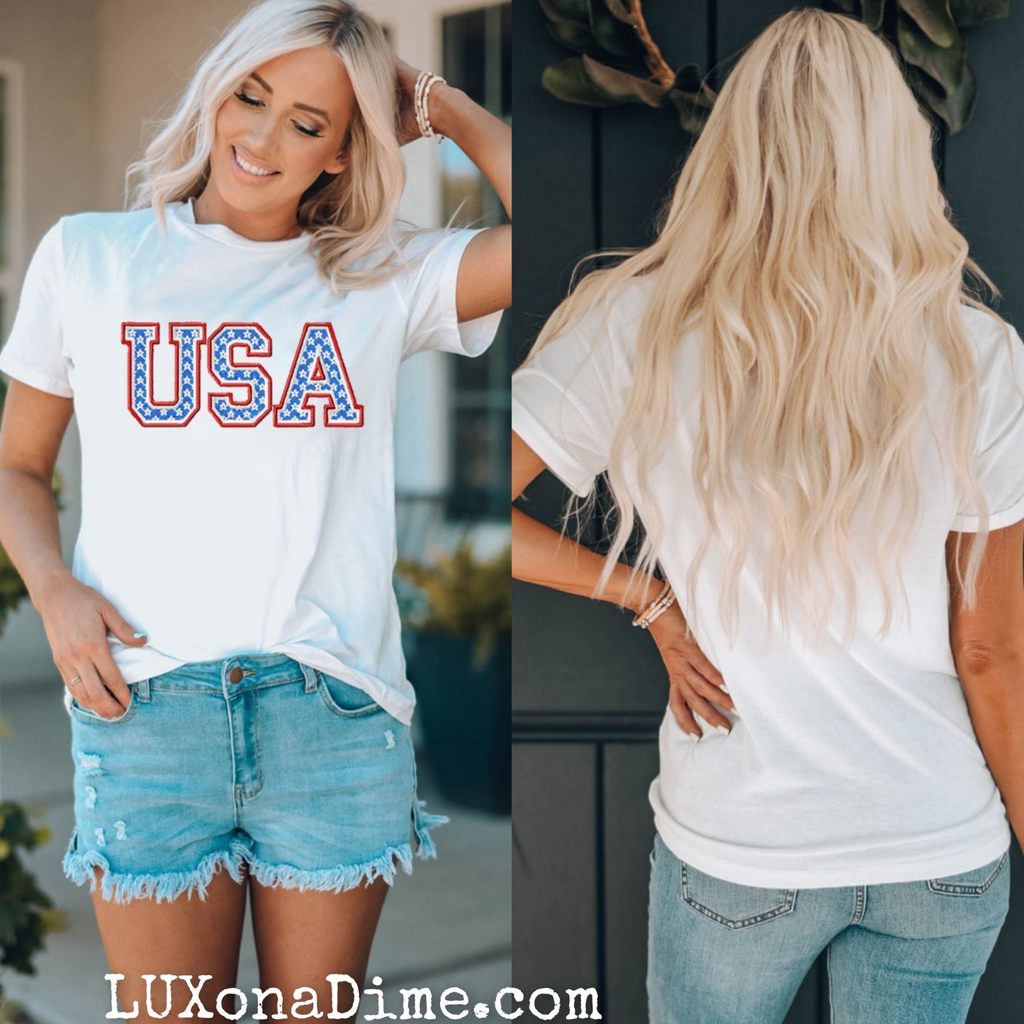 Embroidered USA Patriotic Top Cuffed Short Sleeve T-Shirt
