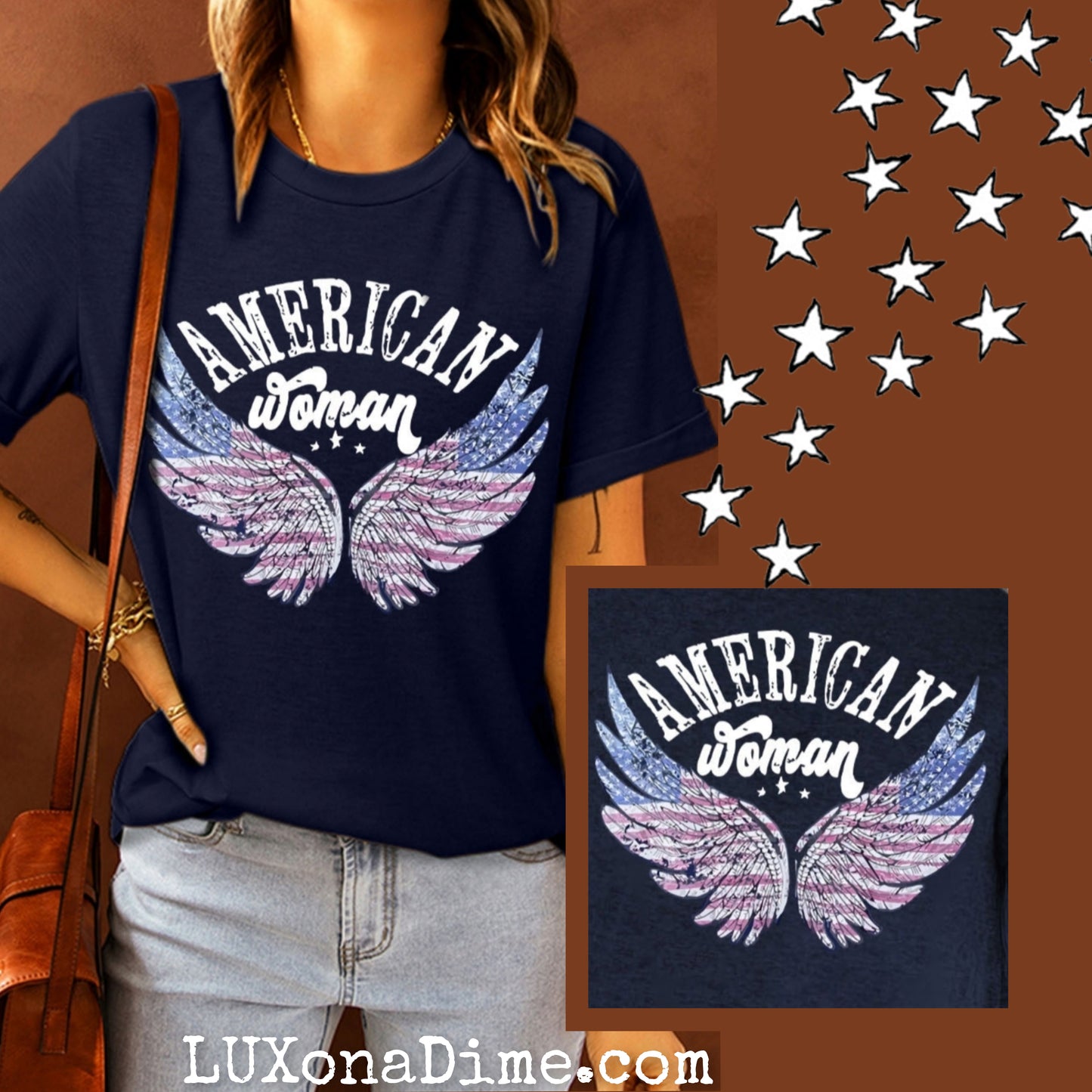 Angel Wing AMERICAN WOMAN Graphic Top Cuffed Short Sleeve Tee Shirt