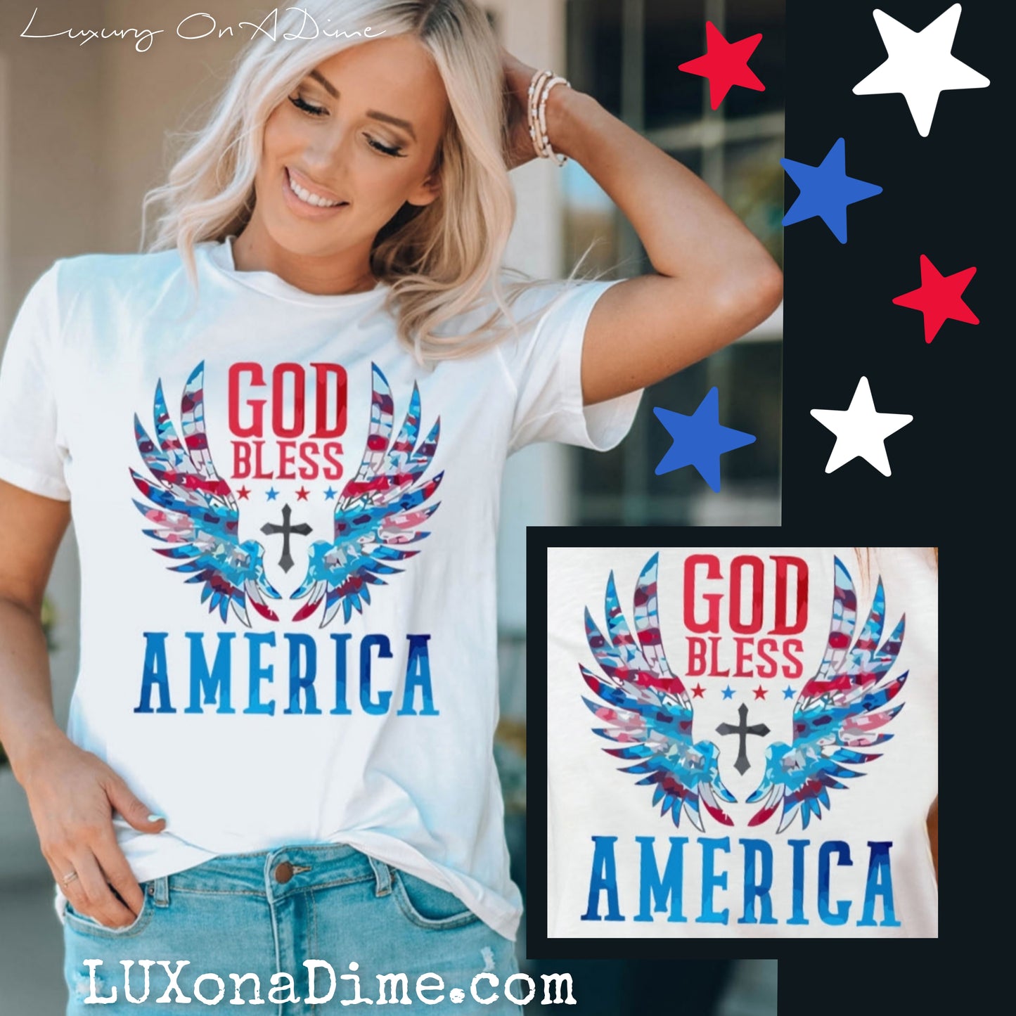 GOD BLESS AMERICA Graphic Top Cuffed Short Sleeve Tee Shirt