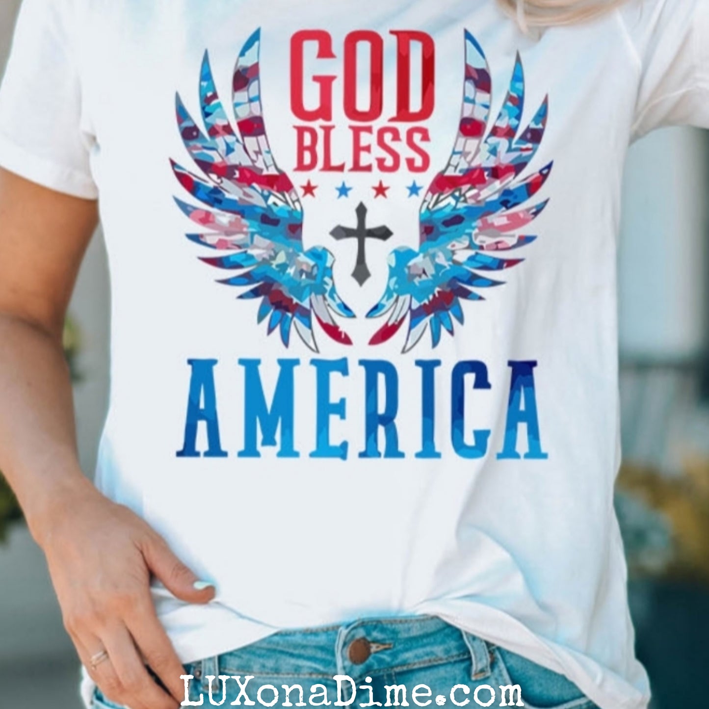 GOD BLESS AMERICA Graphic Top Cuffed Short Sleeve Tee Shirt