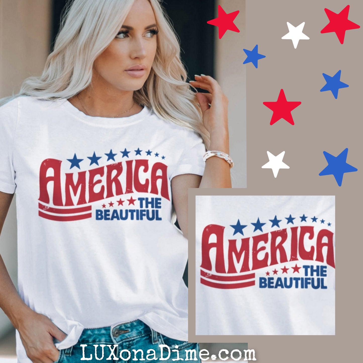 AMERICA THE BEAUTIFUL Graphic Top Classic Patriotic Tee Shirt