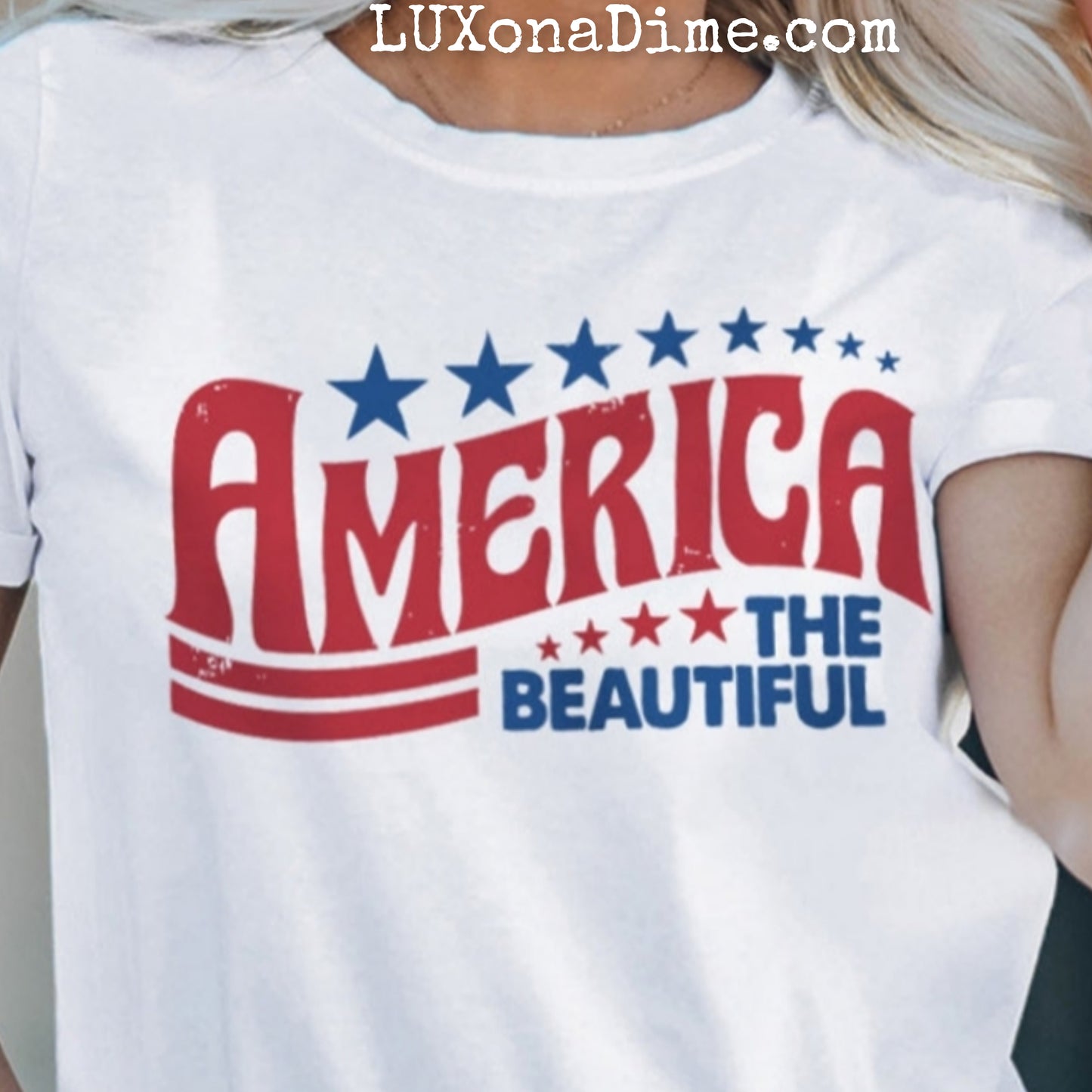 AMERICA THE BEAUTIFUL Graphic Top Classic Patriotic Tee Shirt