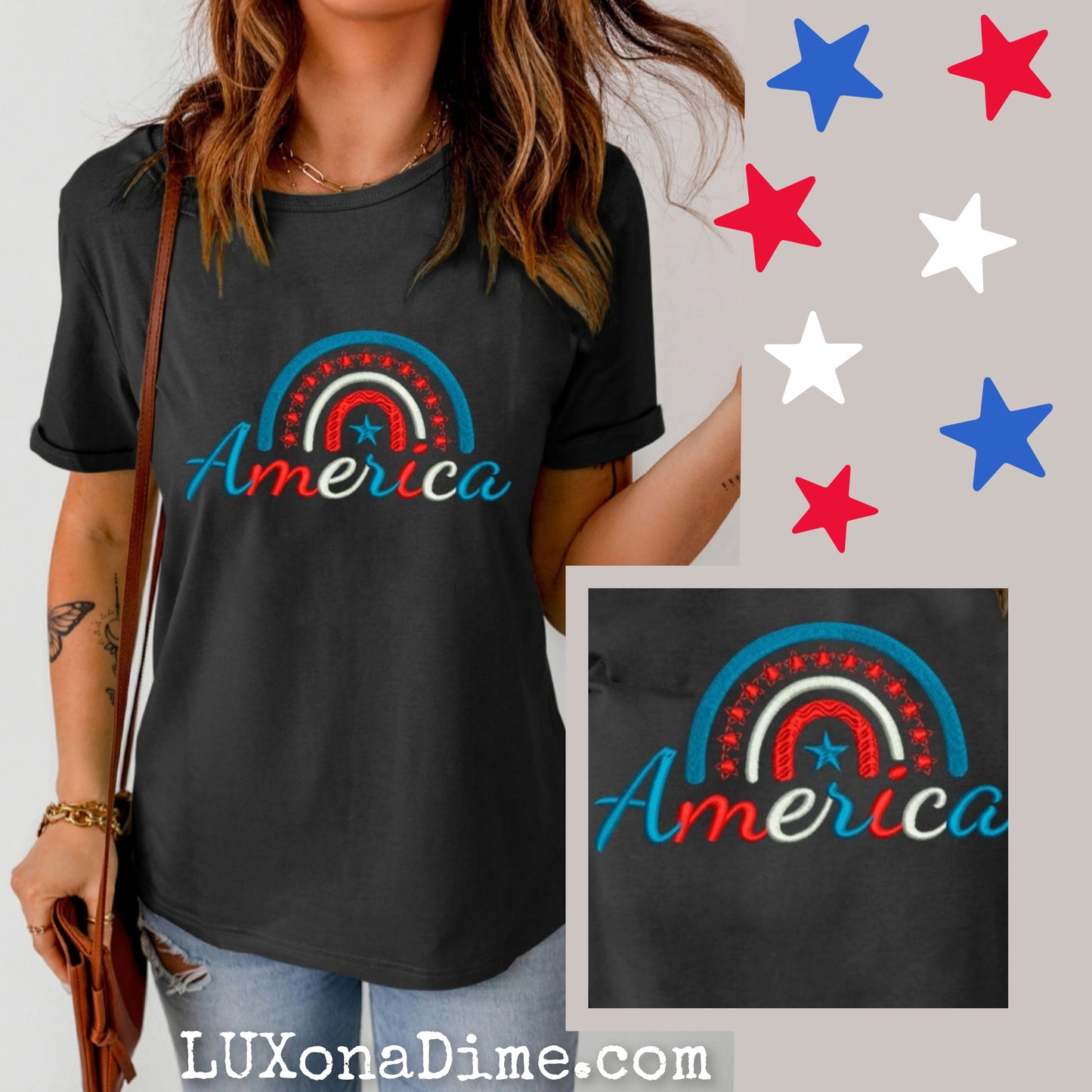 Embroidered AMERICA Patriotic Top Cuffed Short Sleeve Tee Shirt (Plus Size Available)