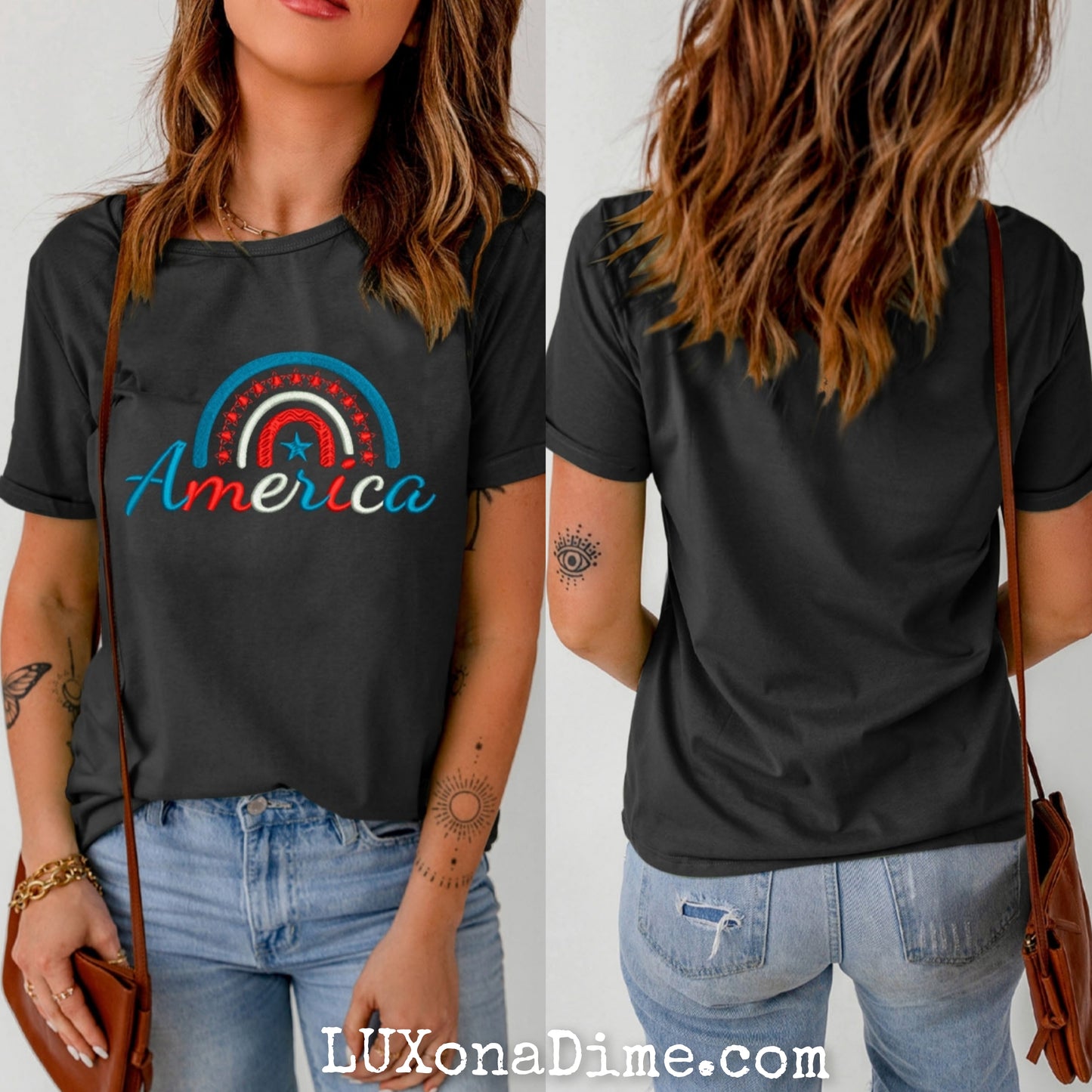 Embroidered AMERICA Patriotic Top Cuffed Short Sleeve Tee Shirt (Plus Size Available)