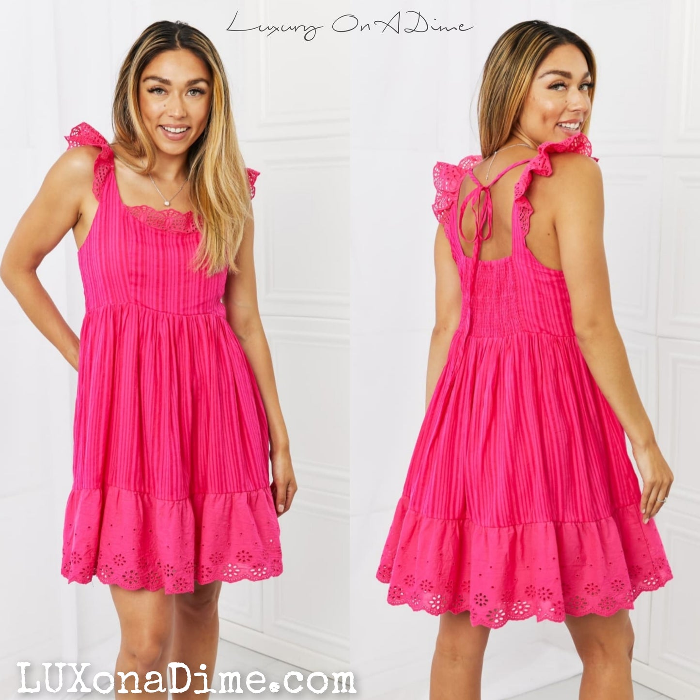 Neon Hot Pink Baby Doll Lace Ruffle Mini Dress (Plus Size Available)
