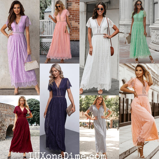 Elegant LACE V-Neck Short-sleeve Maxi Dress