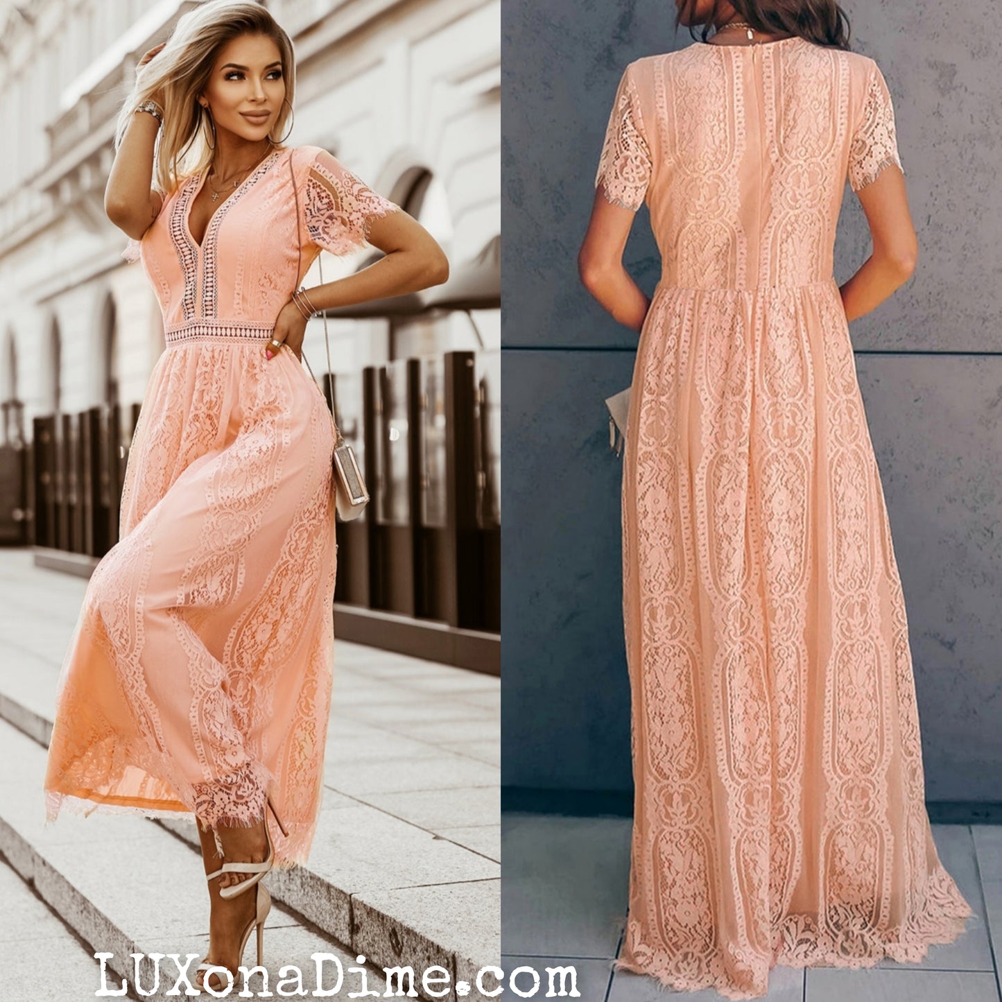 Elegant LACE V-Neck Short-sleeve Maxi Dress
