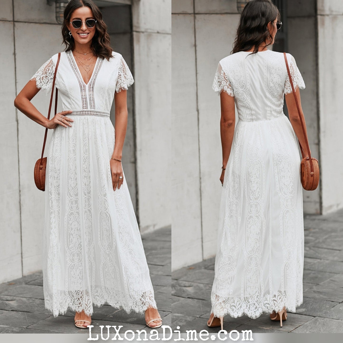 Elegant LACE V-Neck Short-sleeve Maxi Dress