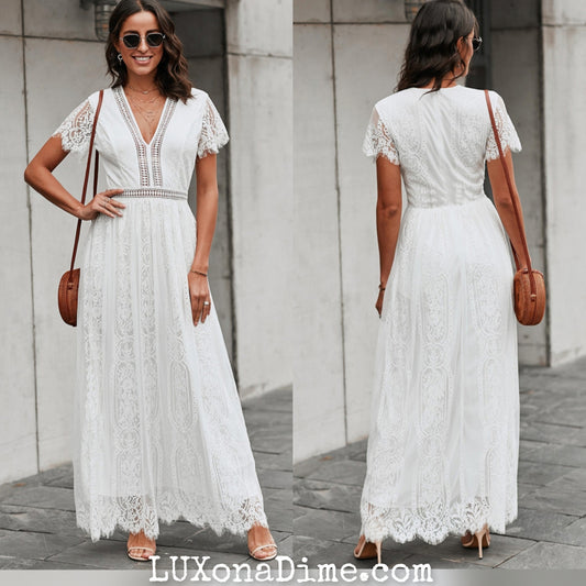 Elegant LACE V-Neck Short-sleeve Maxi Dress