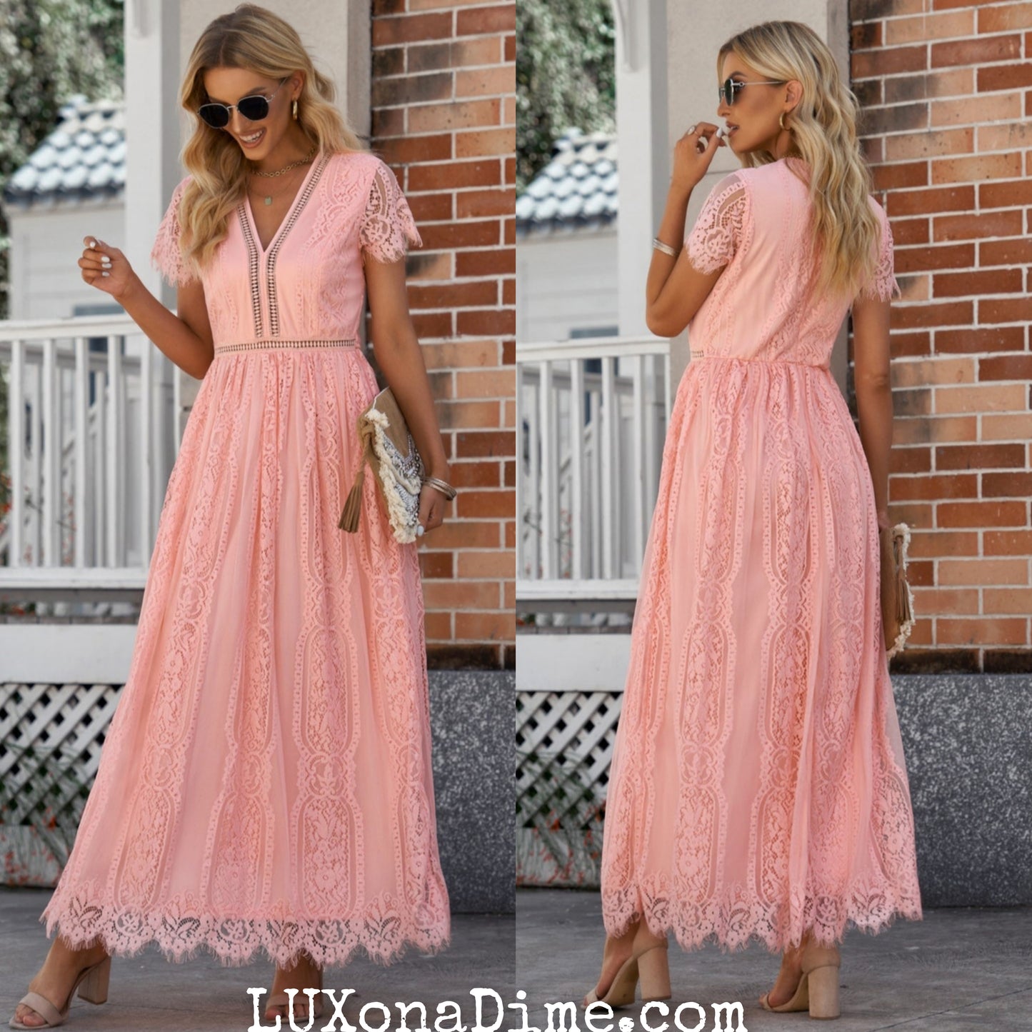 Elegant LACE V-Neck Short-sleeve Maxi Dress