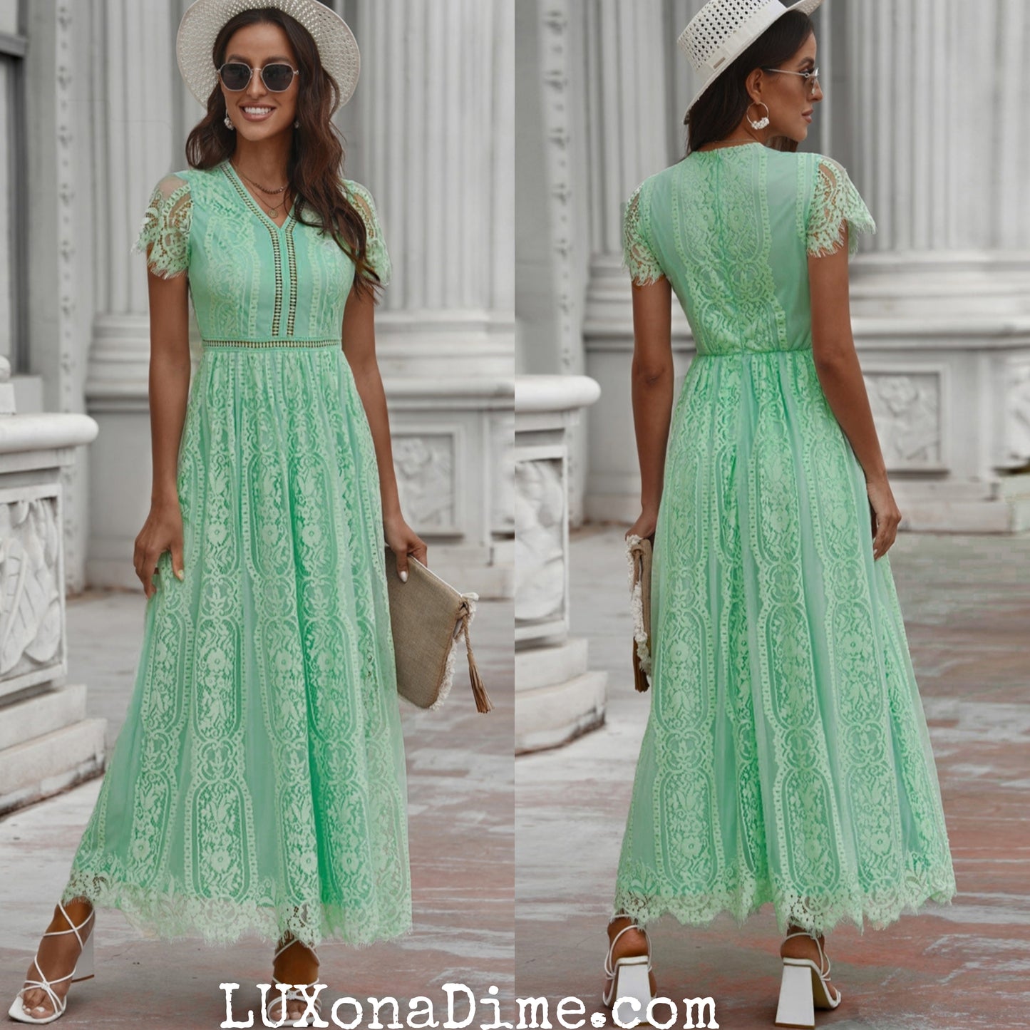Elegant LACE V-Neck Short-sleeve Maxi Dress