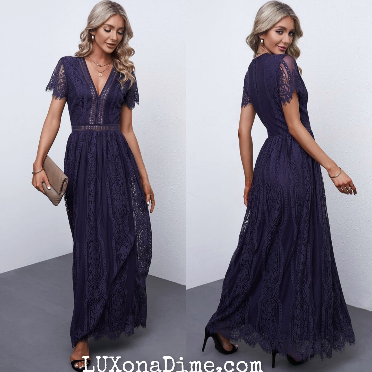 Elegant LACE V-Neck Short-sleeve Maxi Dress