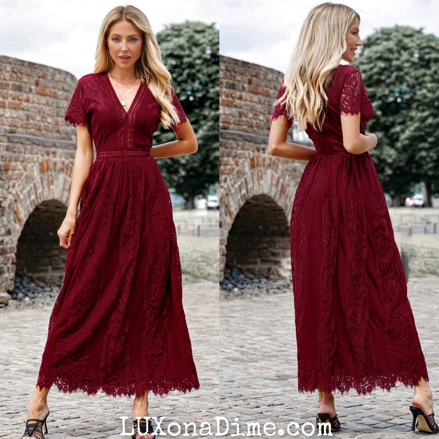 Elegant LACE V-Neck Short-sleeve Maxi Dress